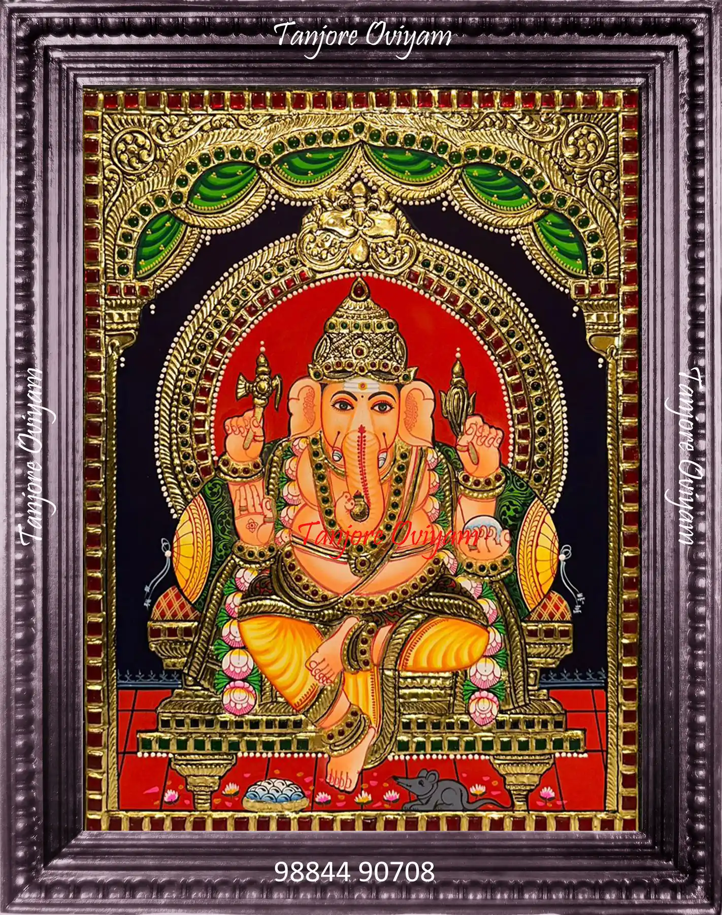 Lord Ganesh Tanjore painting with traditional gold foil work and classic Thanjavur detailing